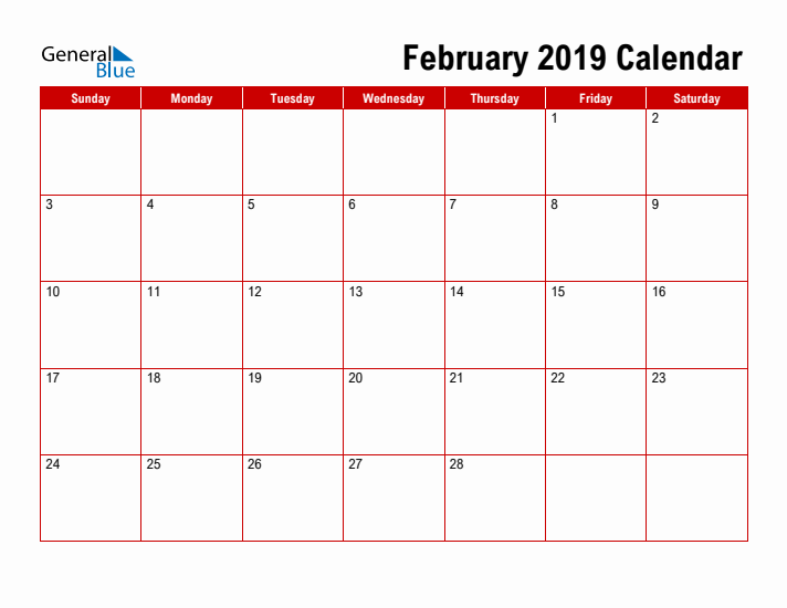 Simple Monthly Calendar - February 2019