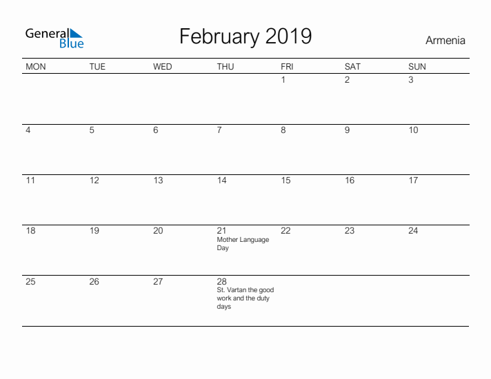 Printable February 2019 Calendar for Armenia