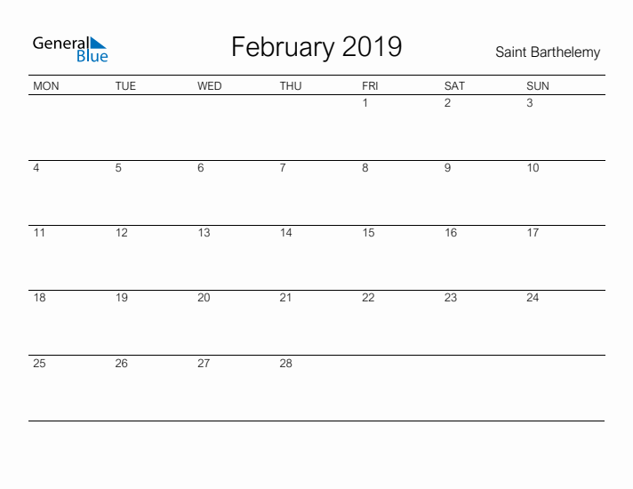 Printable February 2019 Calendar for Saint Barthelemy