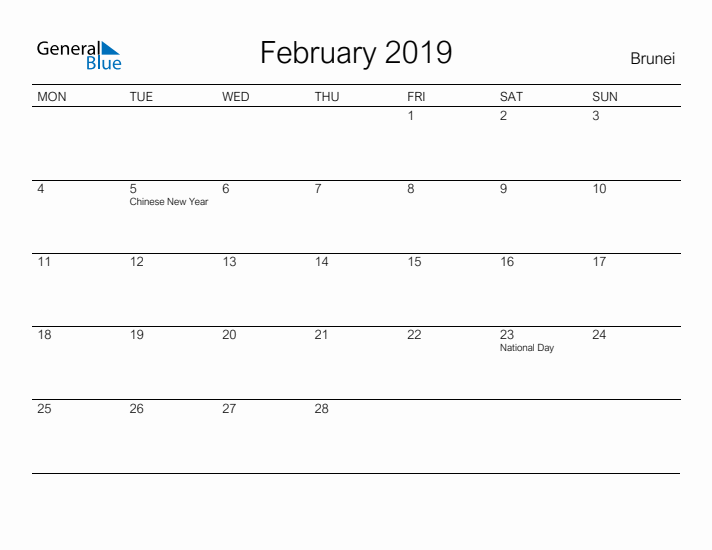 Printable February 2019 Calendar for Brunei