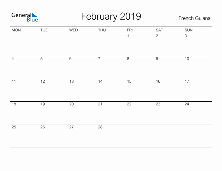 Printable February 2019 Calendar for French Guiana