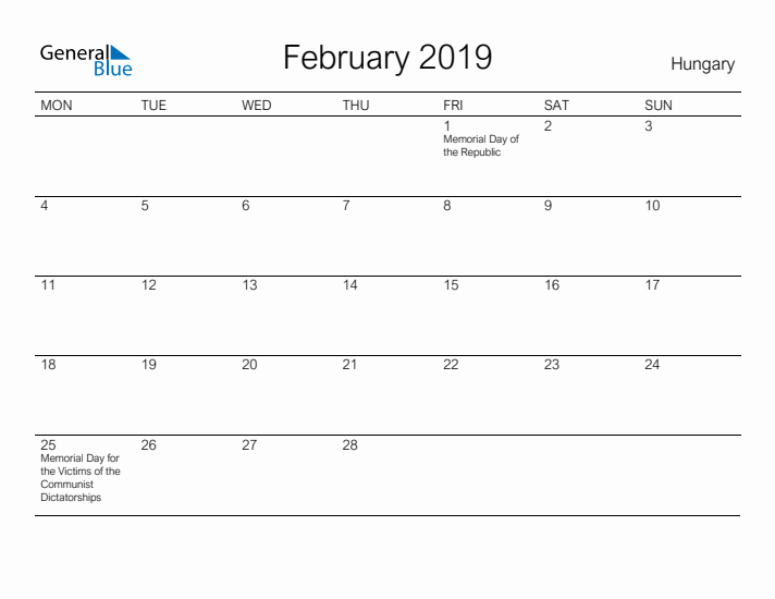 Printable February 2019 Calendar for Hungary