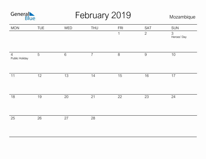 Printable February 2019 Calendar for Mozambique