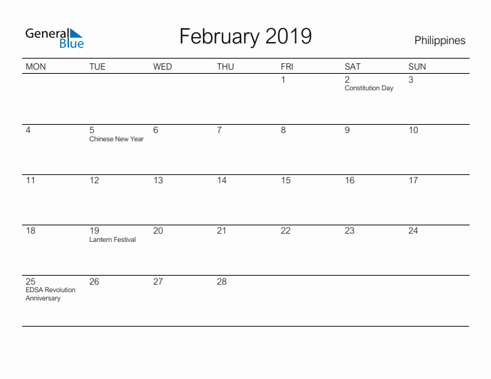 Printable February 2019 Calendar for Philippines