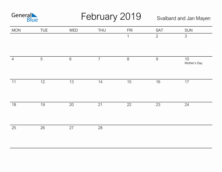 Printable February 2019 Calendar for Svalbard and Jan Mayen