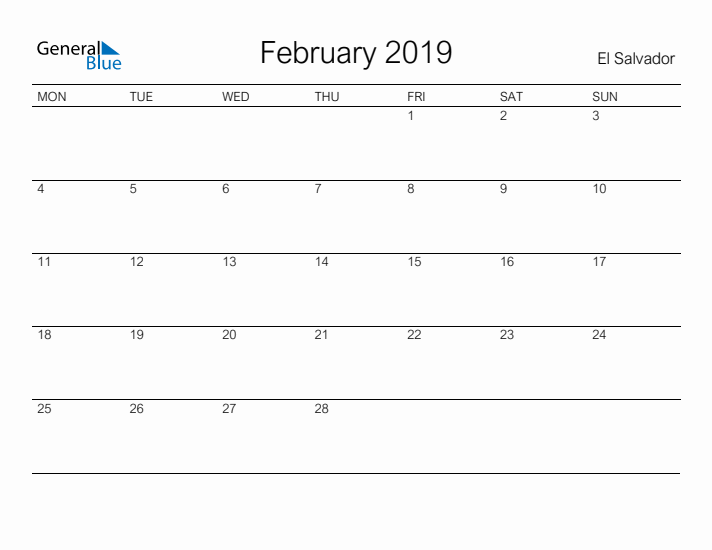 Printable February 2019 Calendar for El Salvador