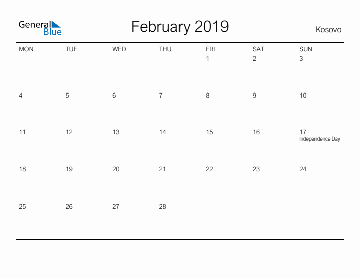 Printable February 2019 Calendar for Kosovo