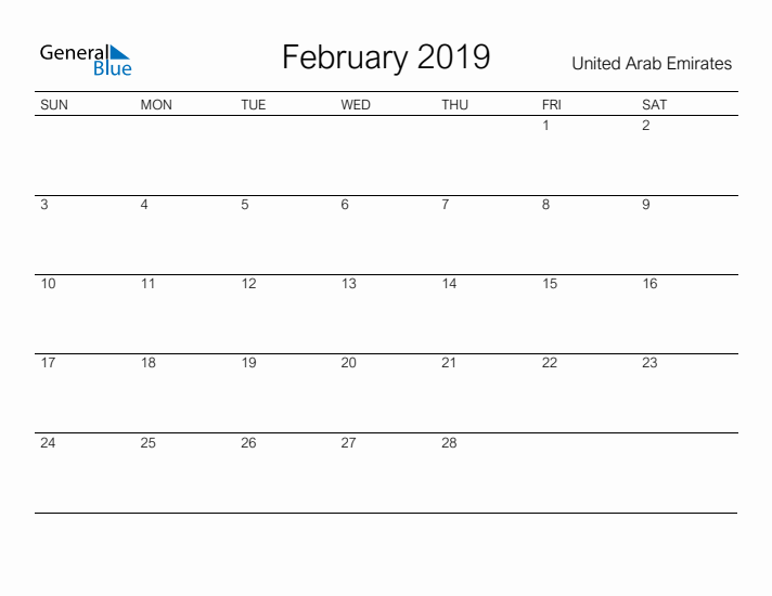 Printable February 2019 Calendar for United Arab Emirates