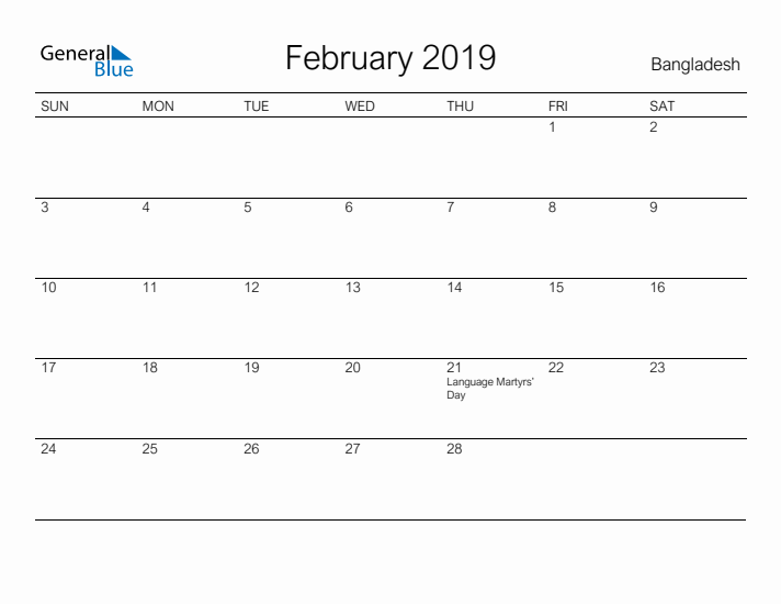 Printable February 2019 Calendar for Bangladesh