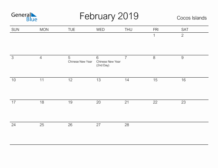 Printable February 2019 Calendar for Cocos Islands