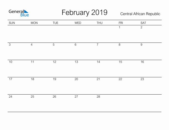 Printable February 2019 Calendar for Central African Republic