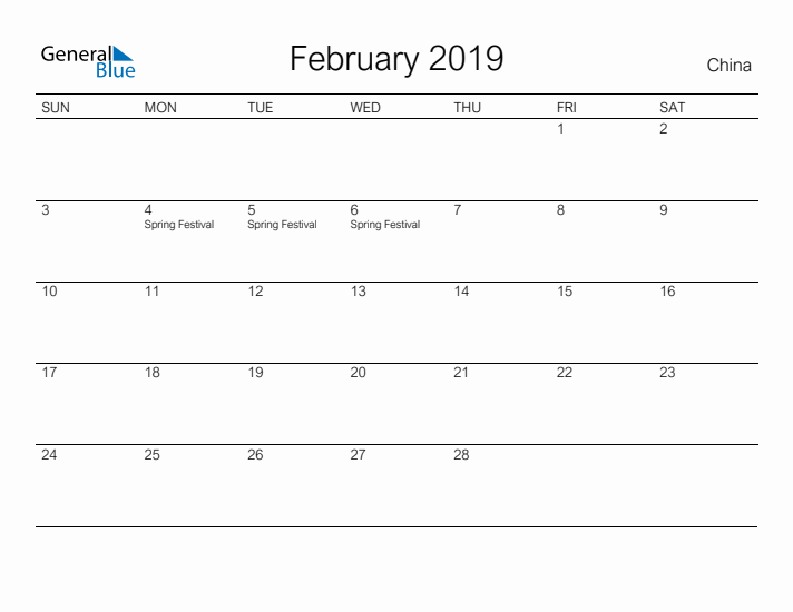 Printable February 2019 Calendar for China