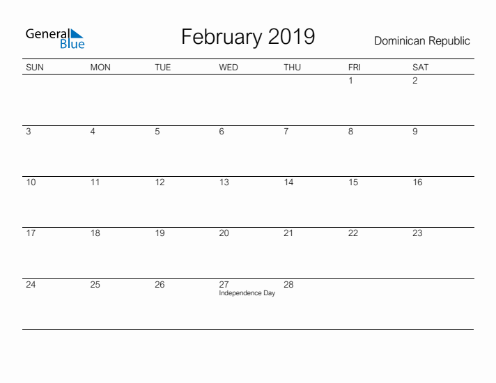 Printable February 2019 Calendar for Dominican Republic