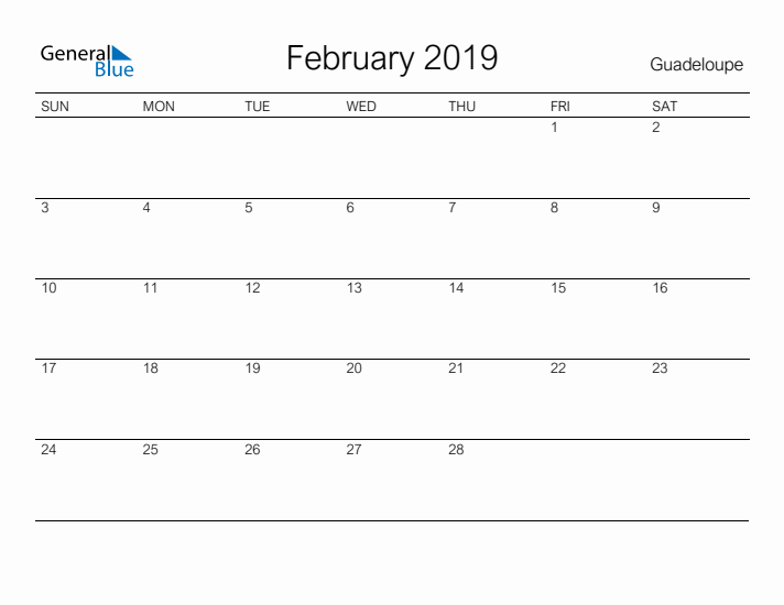 Printable February 2019 Calendar for Guadeloupe