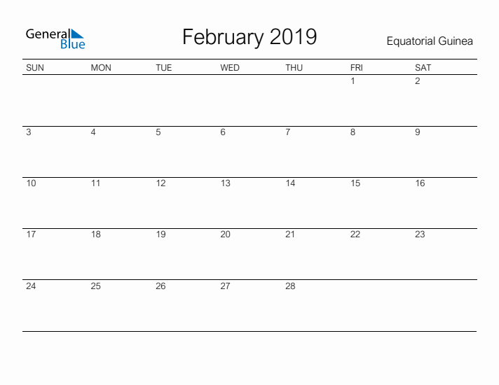 Printable February 2019 Calendar for Equatorial Guinea