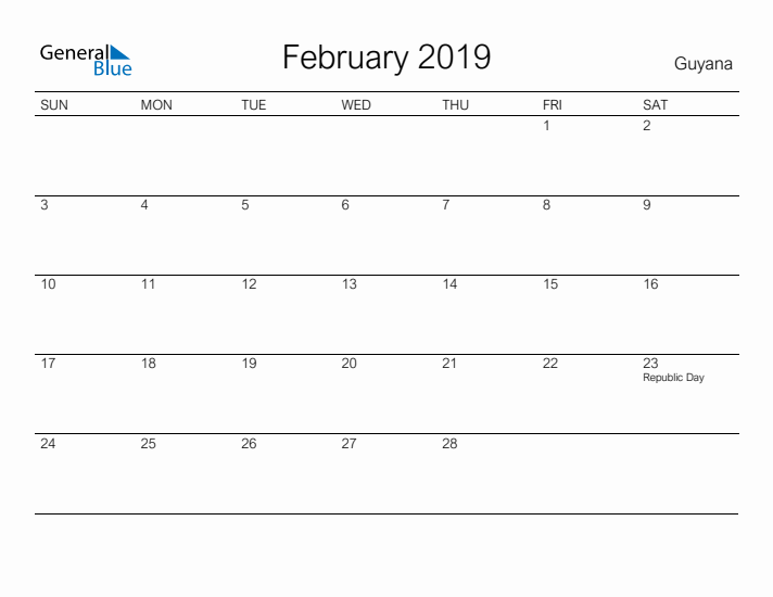 Printable February 2019 Calendar for Guyana