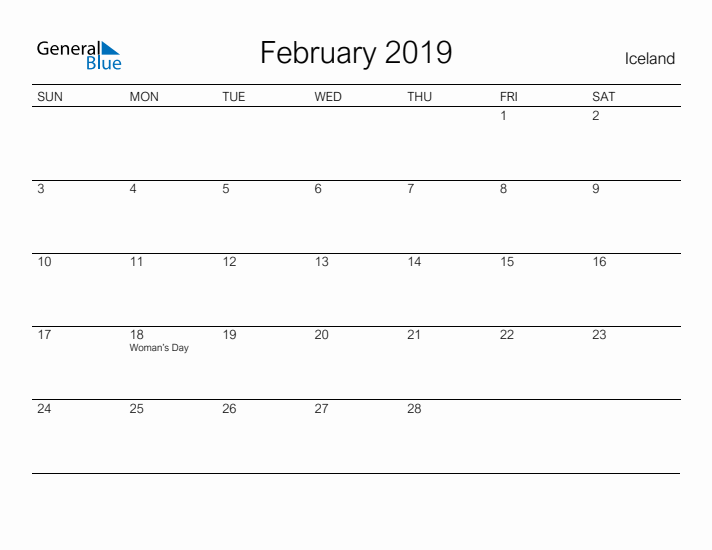 Printable February 2019 Calendar for Iceland