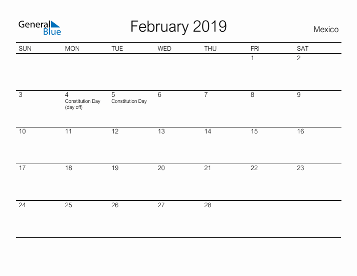 Printable February 2019 Calendar for Mexico