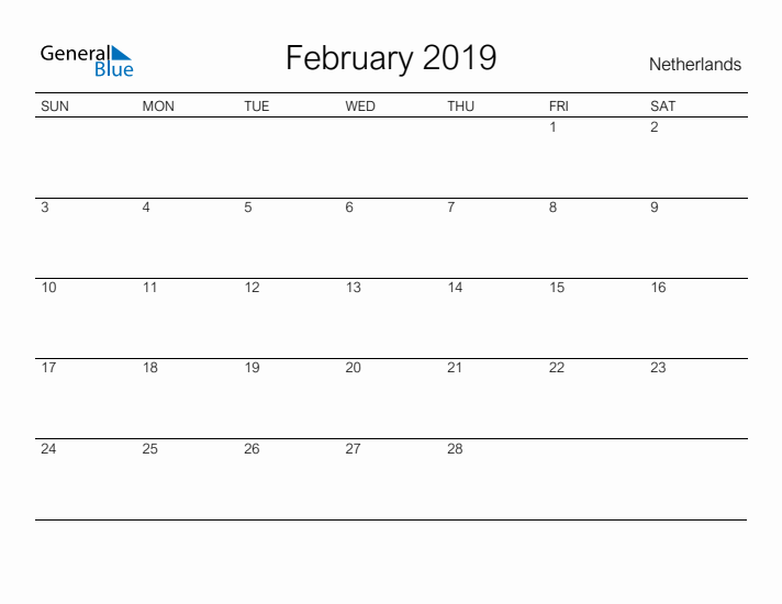 Printable February 2019 Calendar for The Netherlands