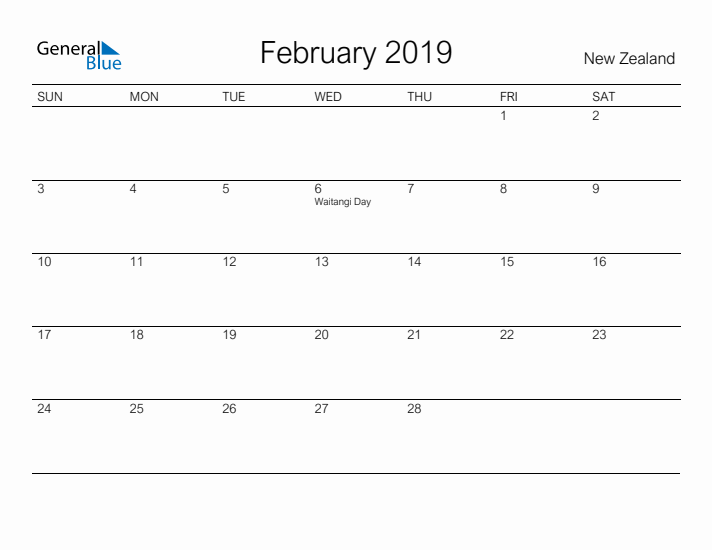 Printable February 2019 Calendar for New Zealand