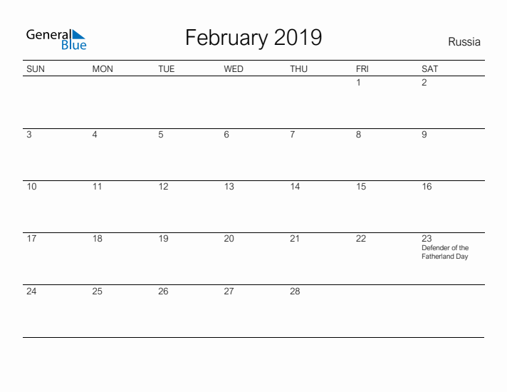 Printable February 2019 Calendar for Russia