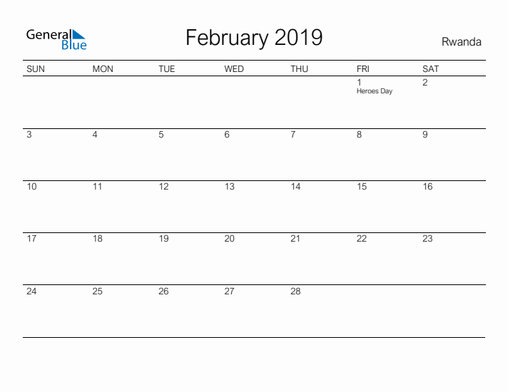 Printable February 2019 Calendar for Rwanda