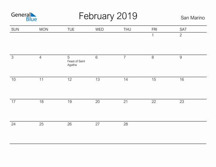 Printable February 2019 Calendar for San Marino