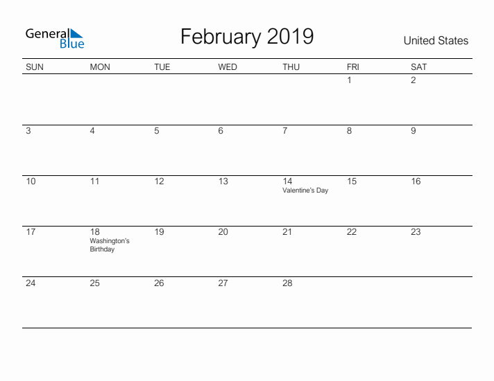 Printable February 2019 Calendar for United States