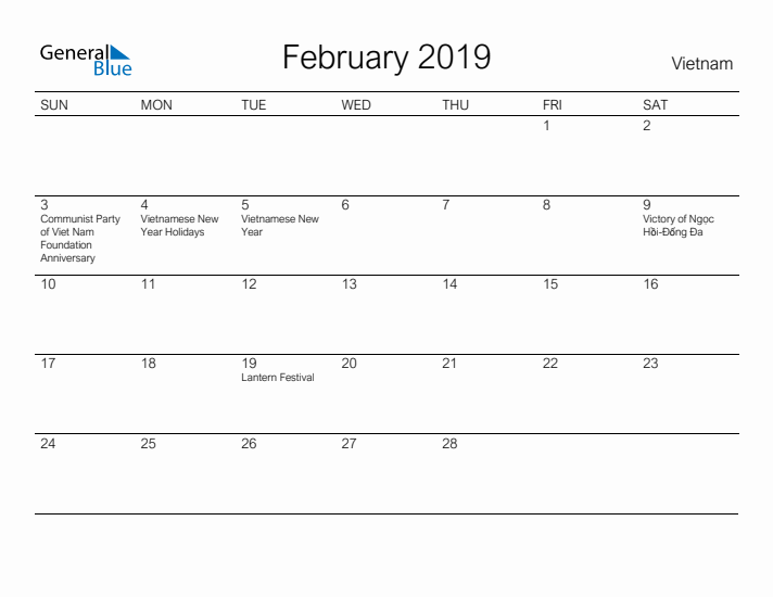 Printable February 2019 Calendar for Vietnam