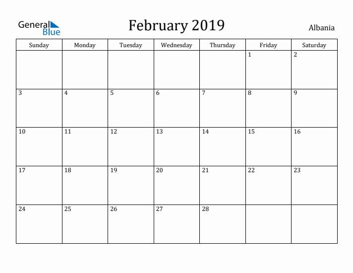 February 2019 Calendar Albania