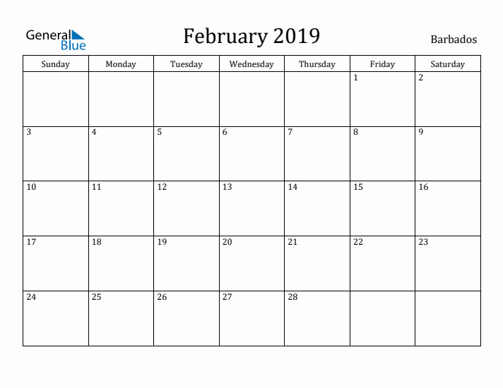 February 2019 Calendar Barbados