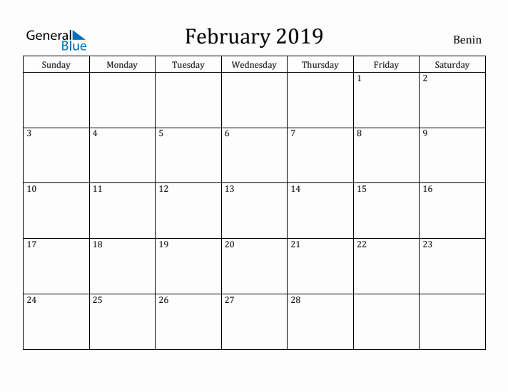 February 2019 Calendar Benin