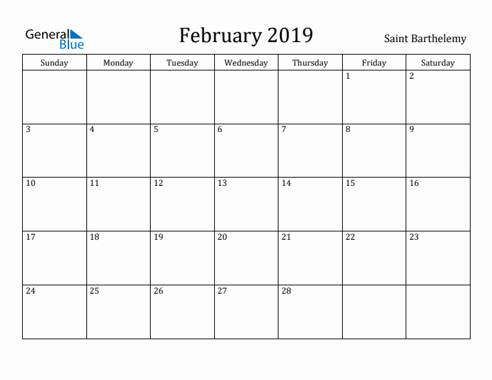 February 2019 Calendar Saint Barthelemy