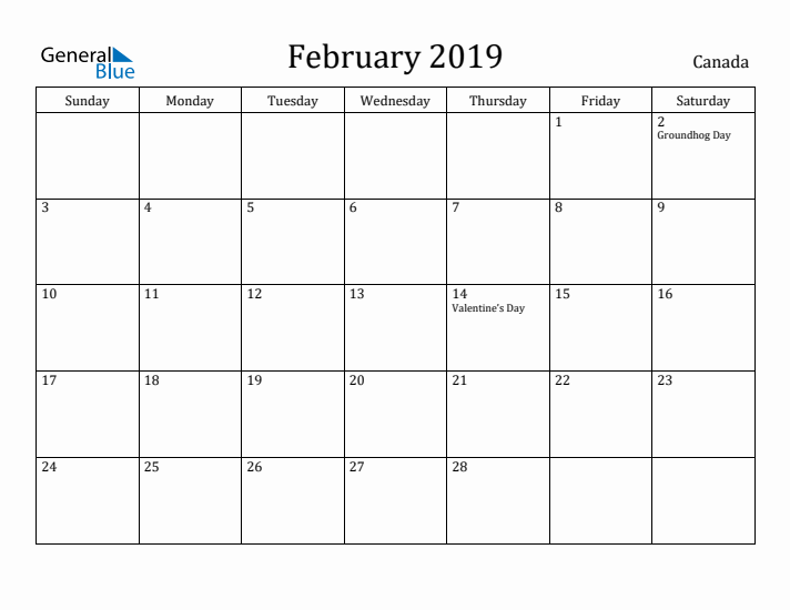 February 2019 Calendar Canada