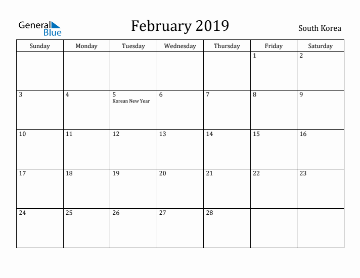 February 2019 Calendar South Korea