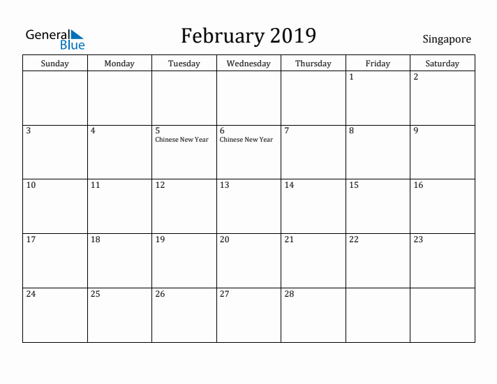 February 2019 Calendar Singapore