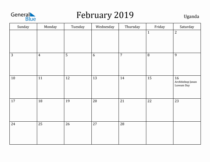 February 2019 Calendar Uganda