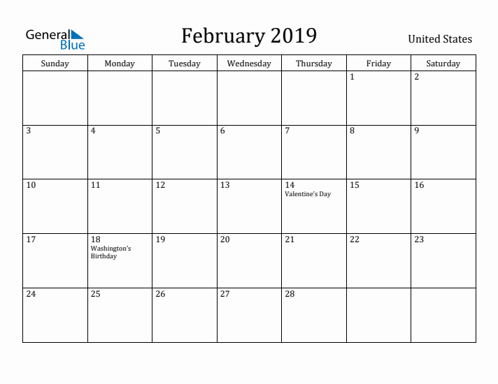 February 2019 Calendar United States