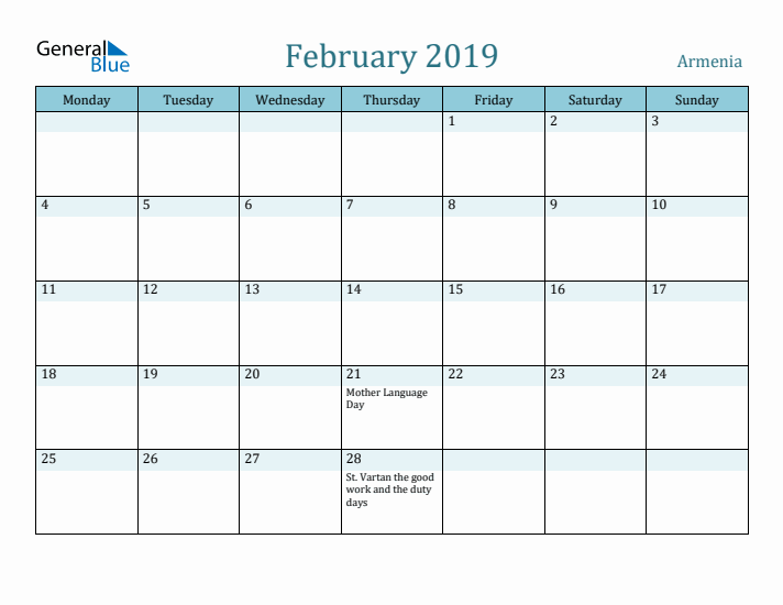 February 2019 Calendar with Holidays