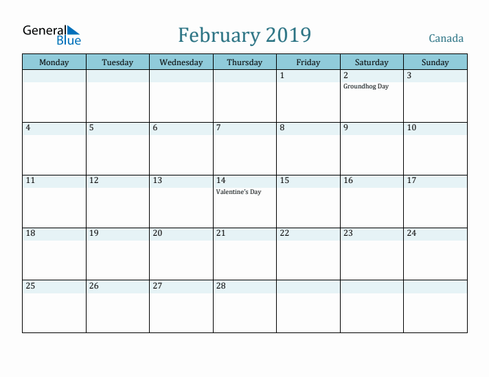 February 2019 Calendar with Holidays