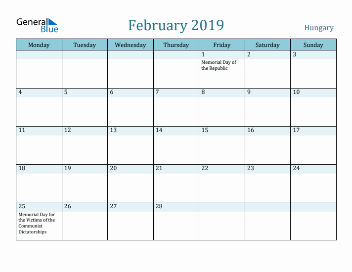 February 2019 Calendar with Holidays