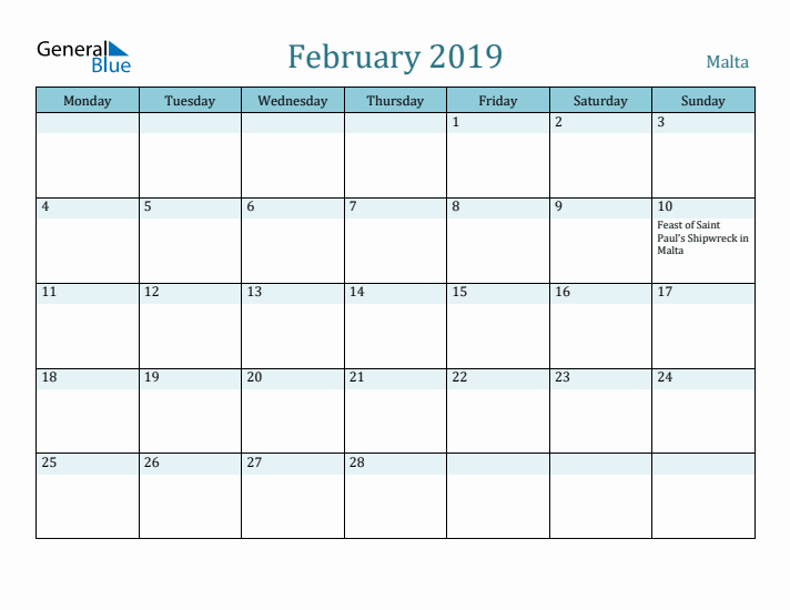 February 2019 Calendar with Holidays