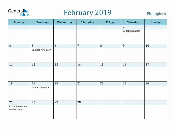 February 2019 Calendar with Holidays