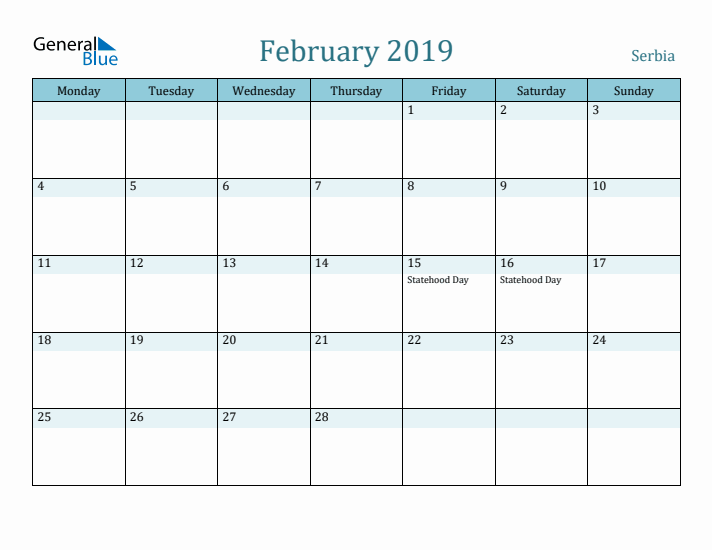 February 2019 Calendar with Holidays