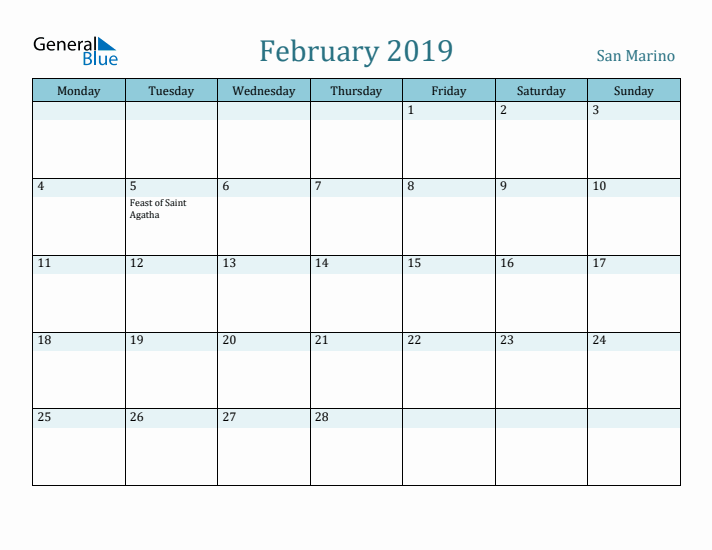 February 2019 Calendar with Holidays