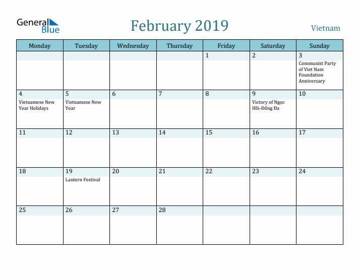 February 2019 Calendar with Holidays