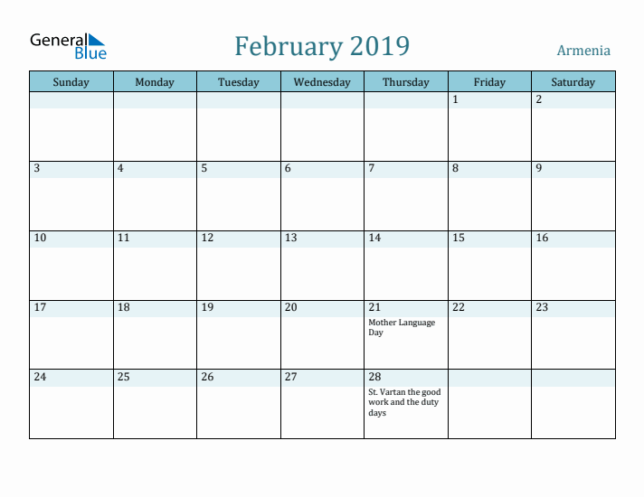 February 2019 Calendar with Holidays