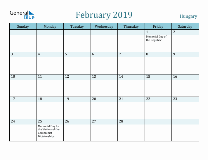 February 2019 Calendar with Holidays