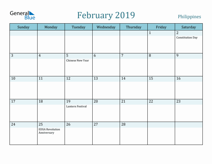 February 2019 Calendar with Holidays