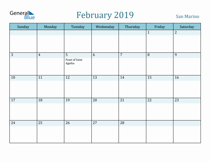 February 2019 Calendar with Holidays